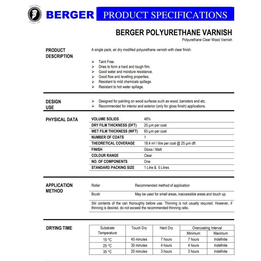 Berger Polyurethane Varnish 1 Litre (oil based), Furniture & Home