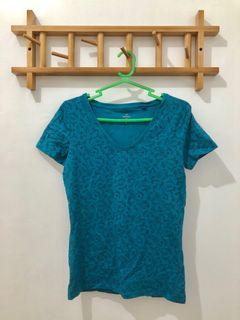 Blue Green Flower Print V Neck T Shirt Top