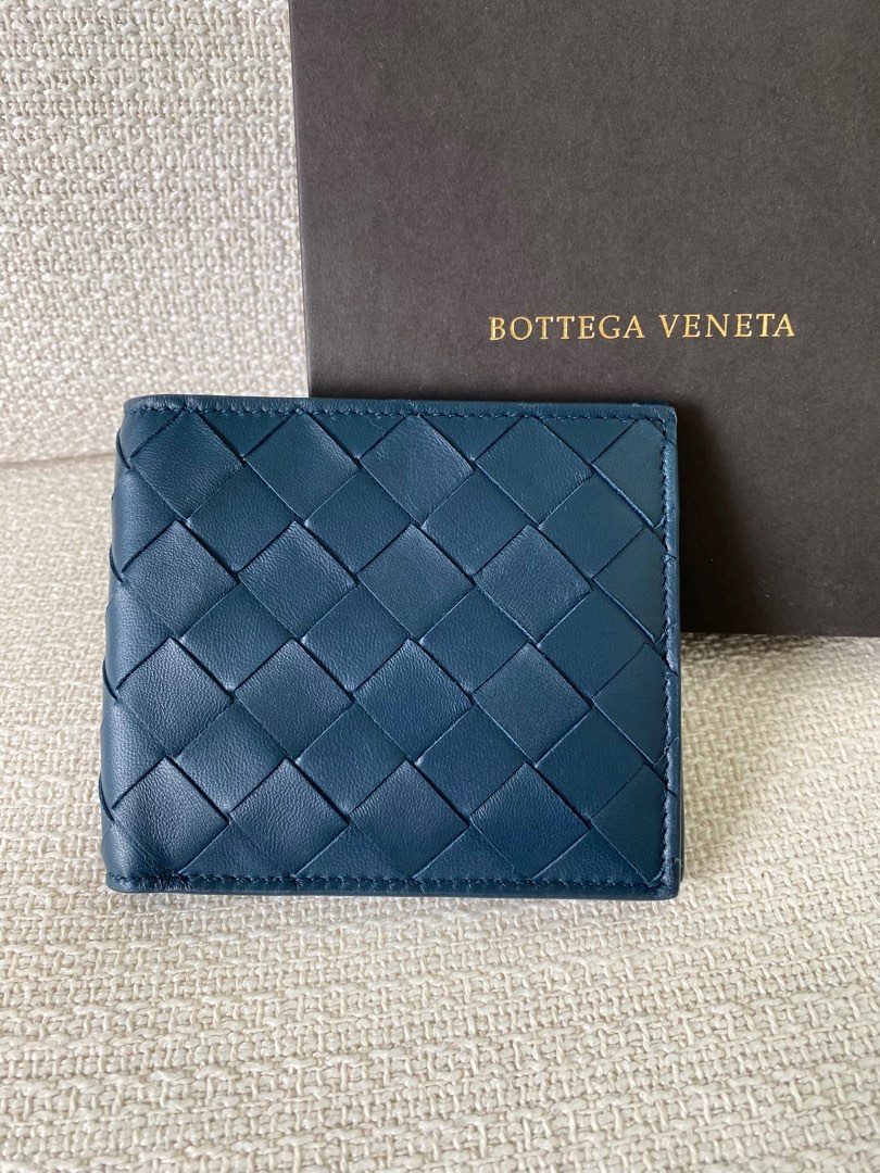 Bottega Veneta® Men's Intrecciato Bi-Fold Wallet in Deep Blue