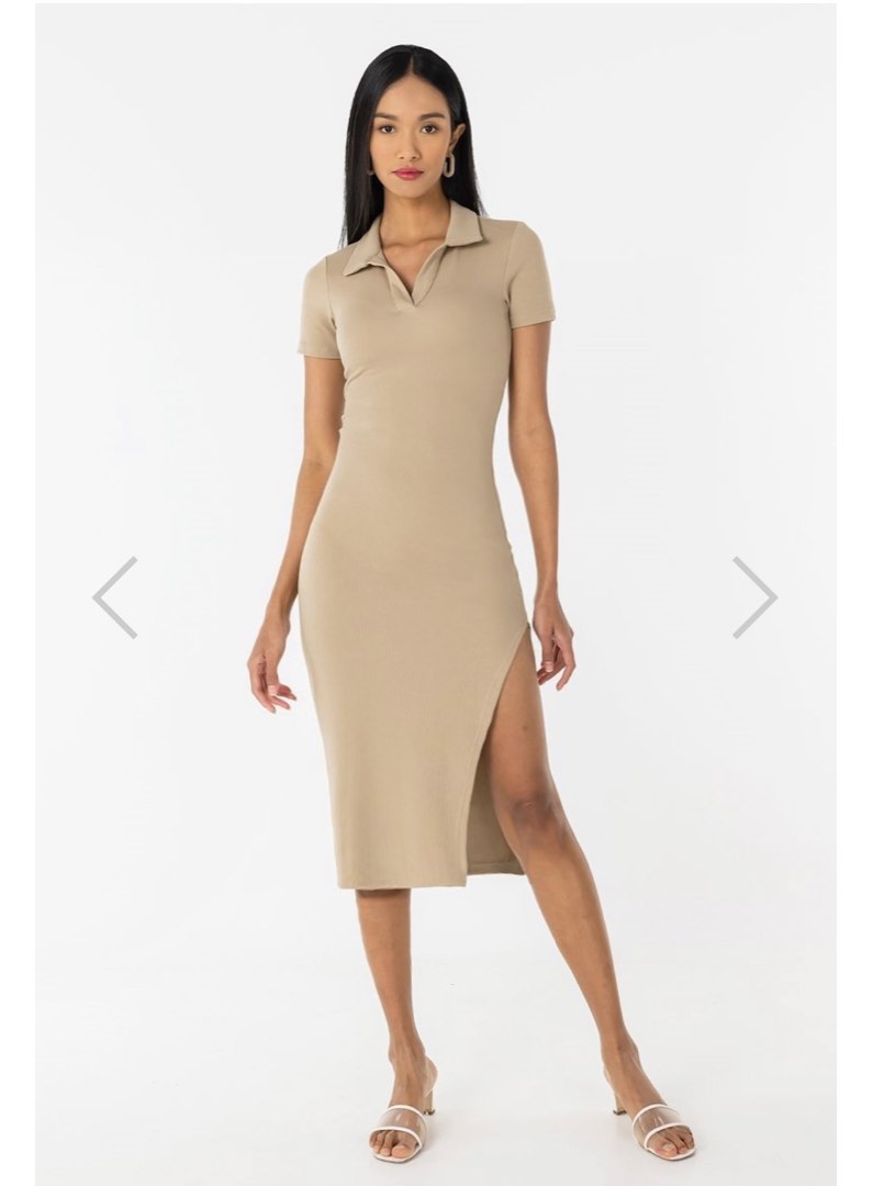 COLLARED SLIT RIBBED DRESS $25, Women's Fashion, Dresses & Sets ...