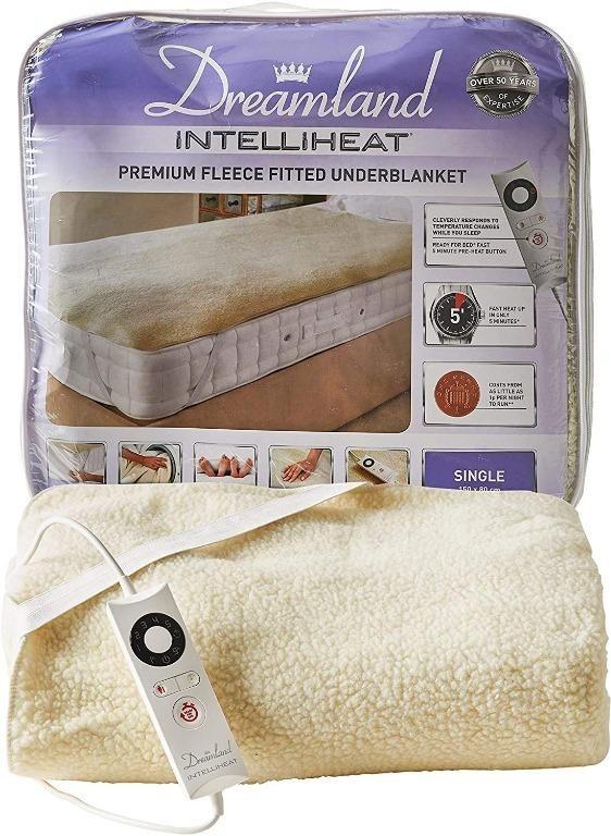 Dreamland Intelliheat fast heat up premium soft fleece electric underblanket  single, electric blanket 150 x 80 cm, elasticated straps, 1 control, 6  temperature settings and timer, extra foot warmth, Furniture u0026 Home