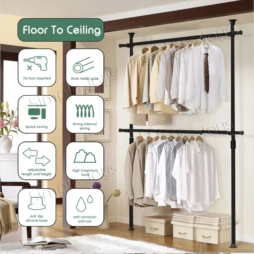 Floor To Ceiling Clothes Hanging Wardrobe Rack Adjustable Laundry