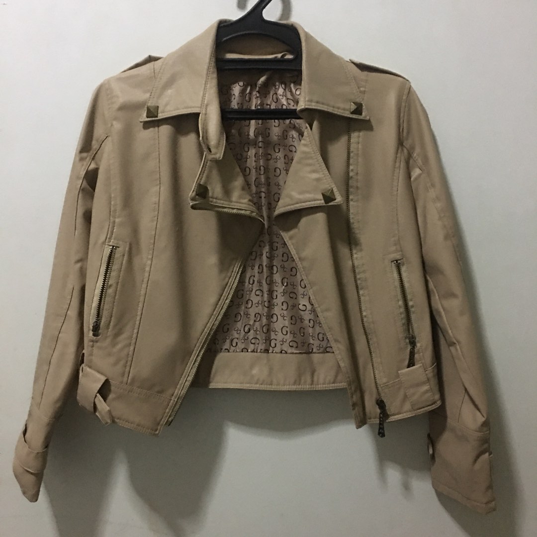 Khaki Leather Jacket, Women's Fashion, Coats, Jackets and Outerwear on