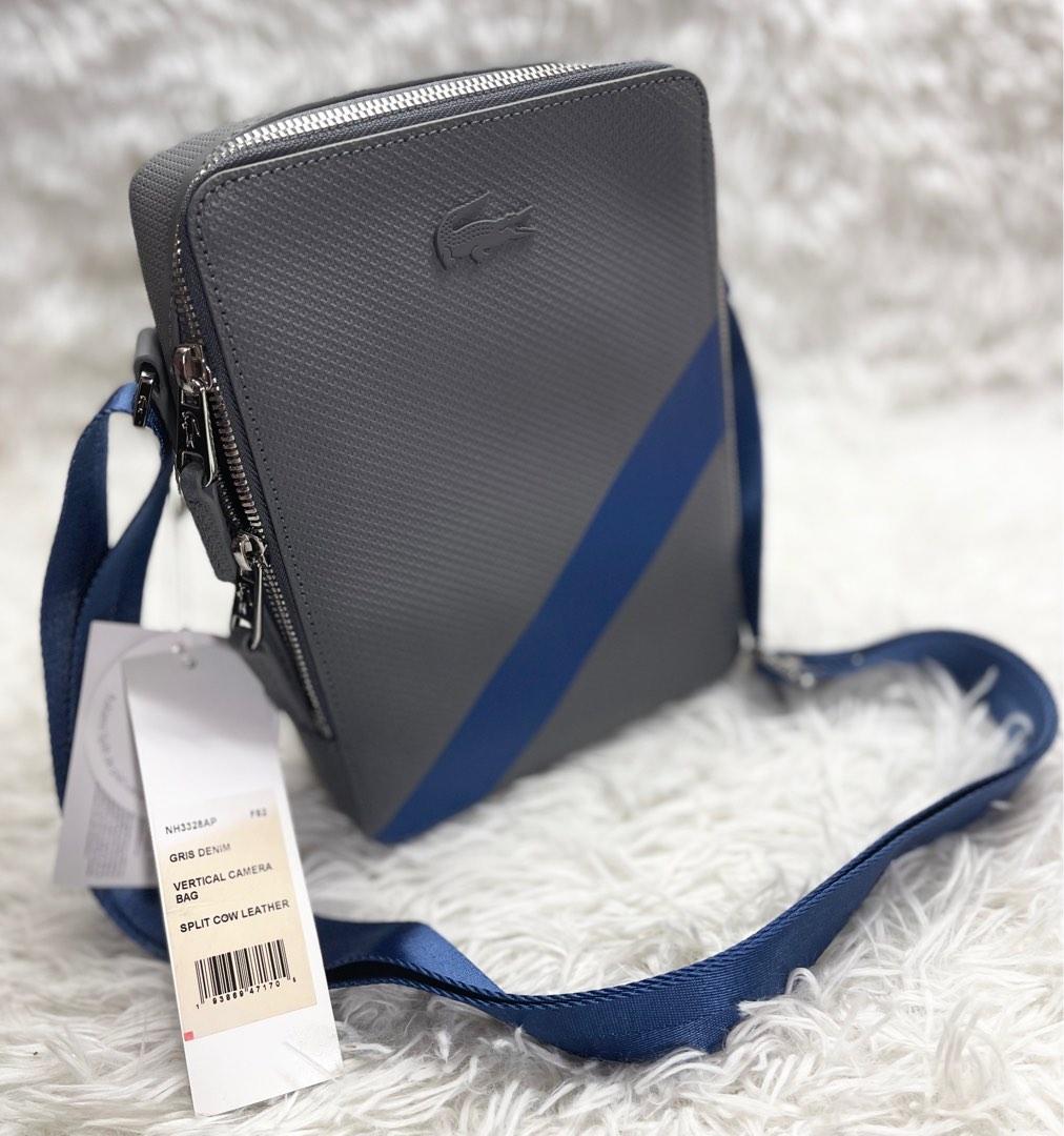 LACOSTE Gris Denim Split Cow Leather Vertical Camera Bag Men s