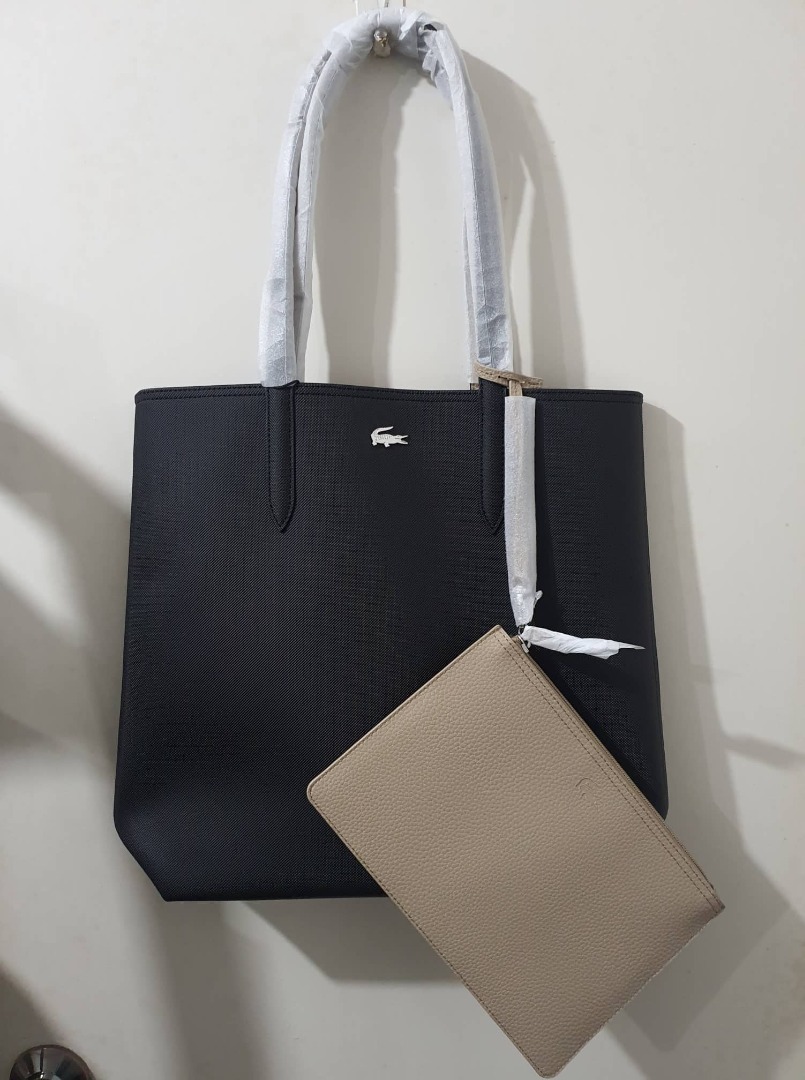 LACOSTE WOMEN S ANNA REVERSIBLE BICOLOR VERTICAL TOTE BLACK WARM SAND