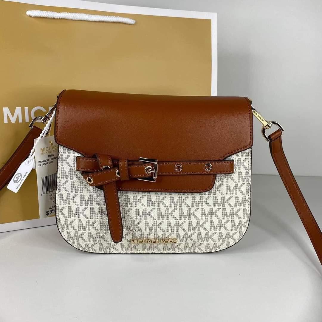 Michael Kors Emilia Small Saddle Flap Bag Crossbody Vanilla Signature