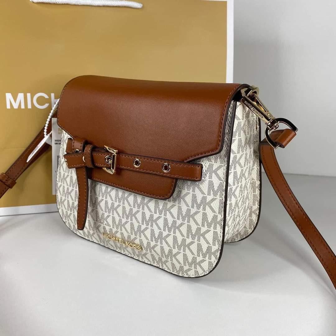 Michael Kors Emilia Small Saddle Flap Bag Crossbody Vanilla Signature
