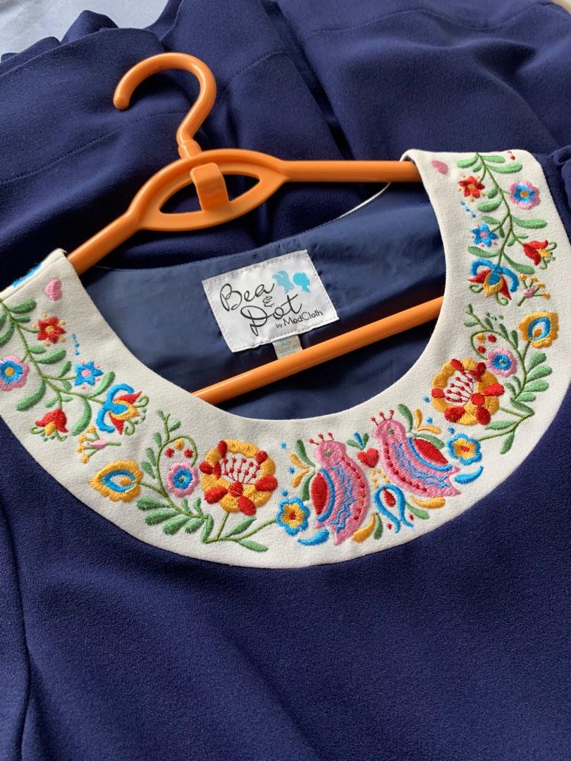 ModCloth Embroidered love birds floral s xs m neckline blue navy mini dress