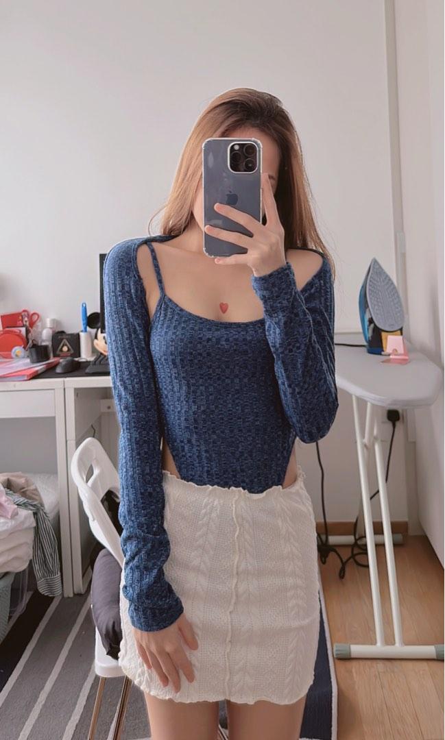 Navy Off Shoulder Top, Women's Fashion, Tops, Sleeveless on Carousell
