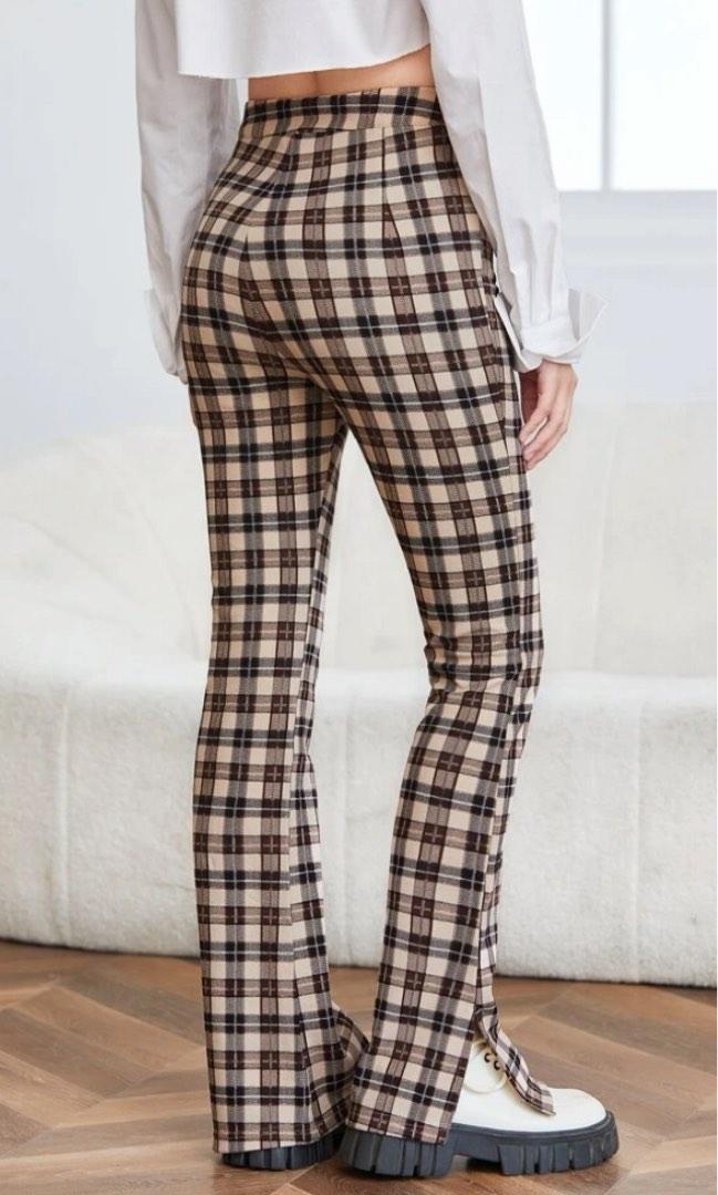 THE KRIPT, WOMEN'S XS BEIGE TARTAN PLAID BOOTCUT HI RISE PANTS, BELTED, NEW  TAGS