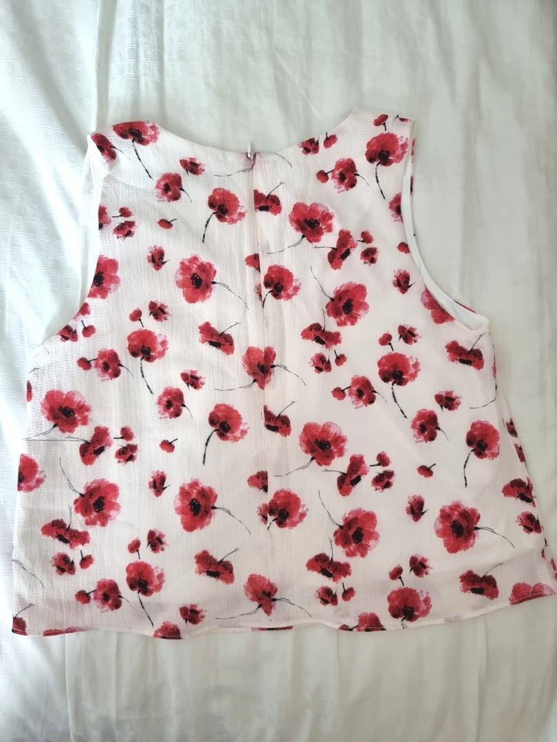 TCL floral blouse V-neck (Category: Blouses) located in Singapore. Submitted by Lemon_Chamomile (Listing ID 1186926730, Image 2). Description: Red floral v-necked blouse.