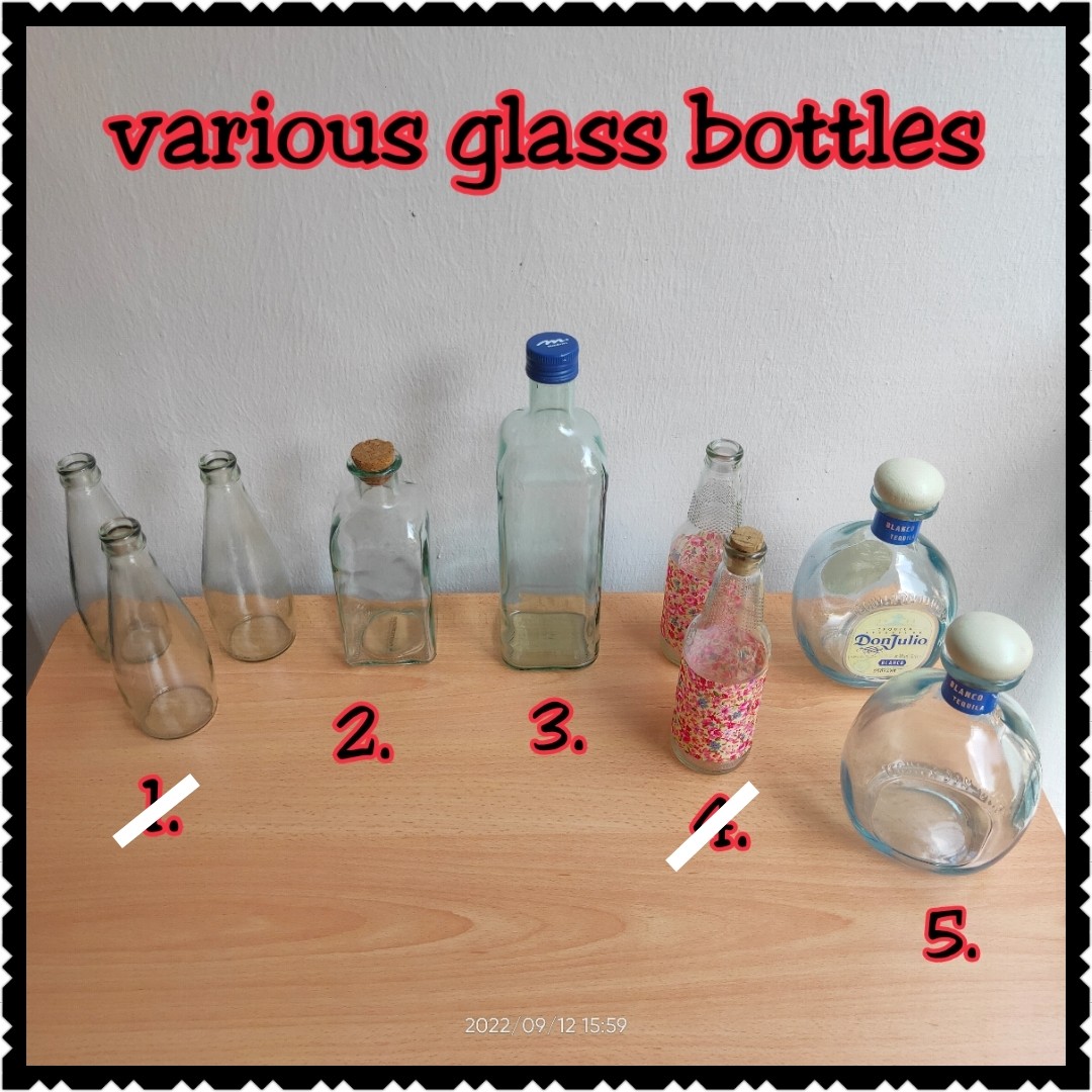 Various glass bottles (Vaseshaped, Squareshaped, Light Blue 'Bubbleinfused' Glass Bottles