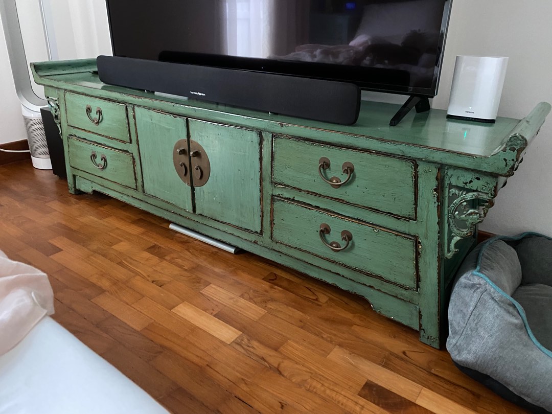 Vintage look green tv console, Furniture & Home Living, Furniture, TV Consoles on Carousell