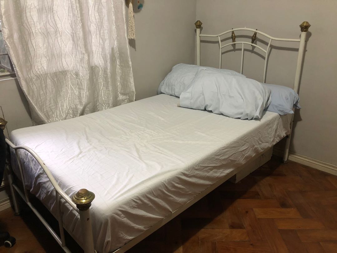 White Brass Bed with Spring Mattress (Single), Furniture & Home Living