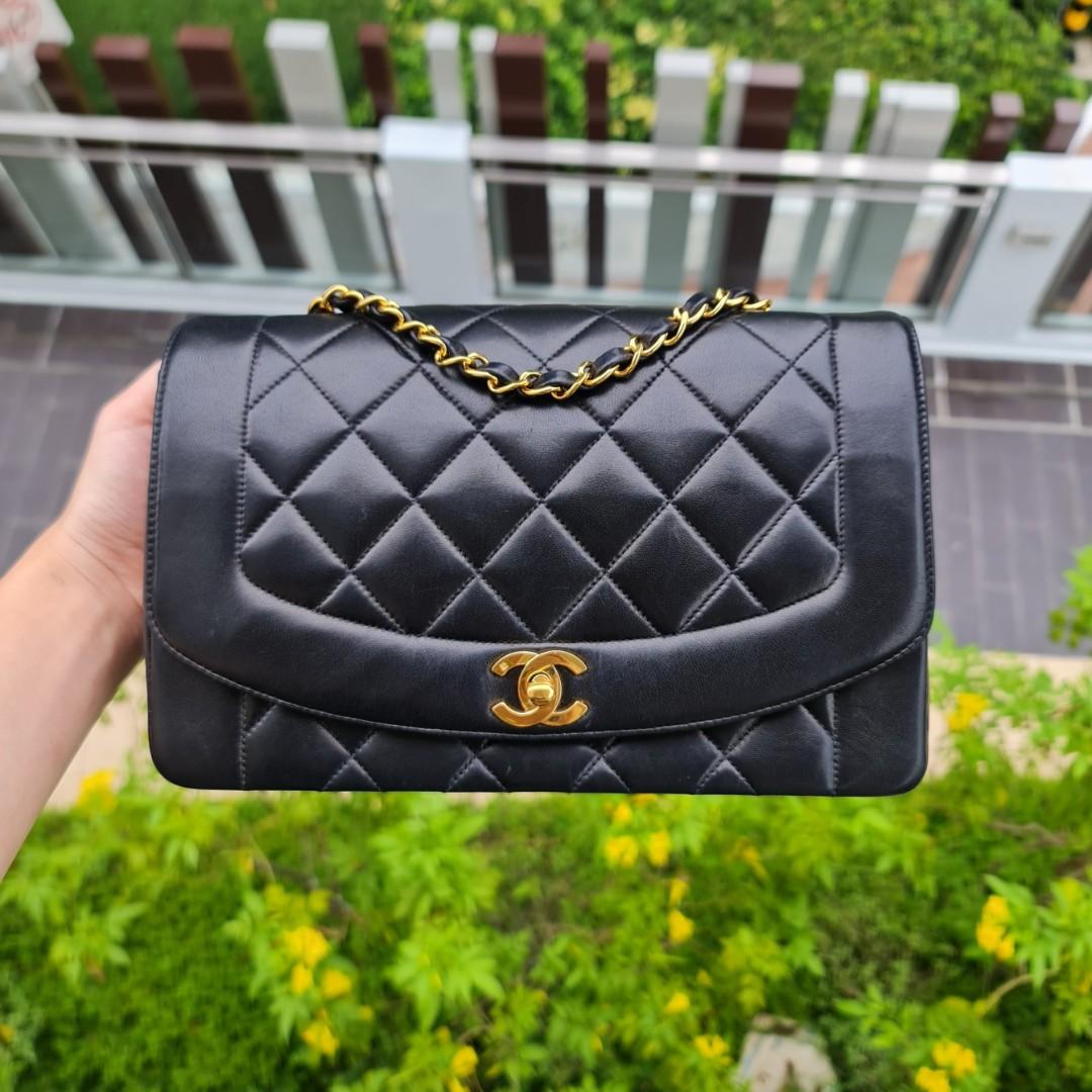 CHANEL Classic Vintage Black Diana 24K Gold Chain Medium Flap Crossbody Bag