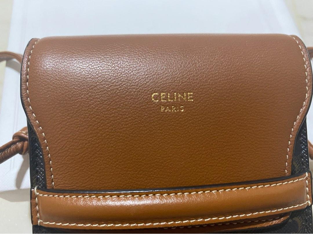 CELINE Triomphe Canvas Lambskin Phone Pouch With Flap Tan 927959