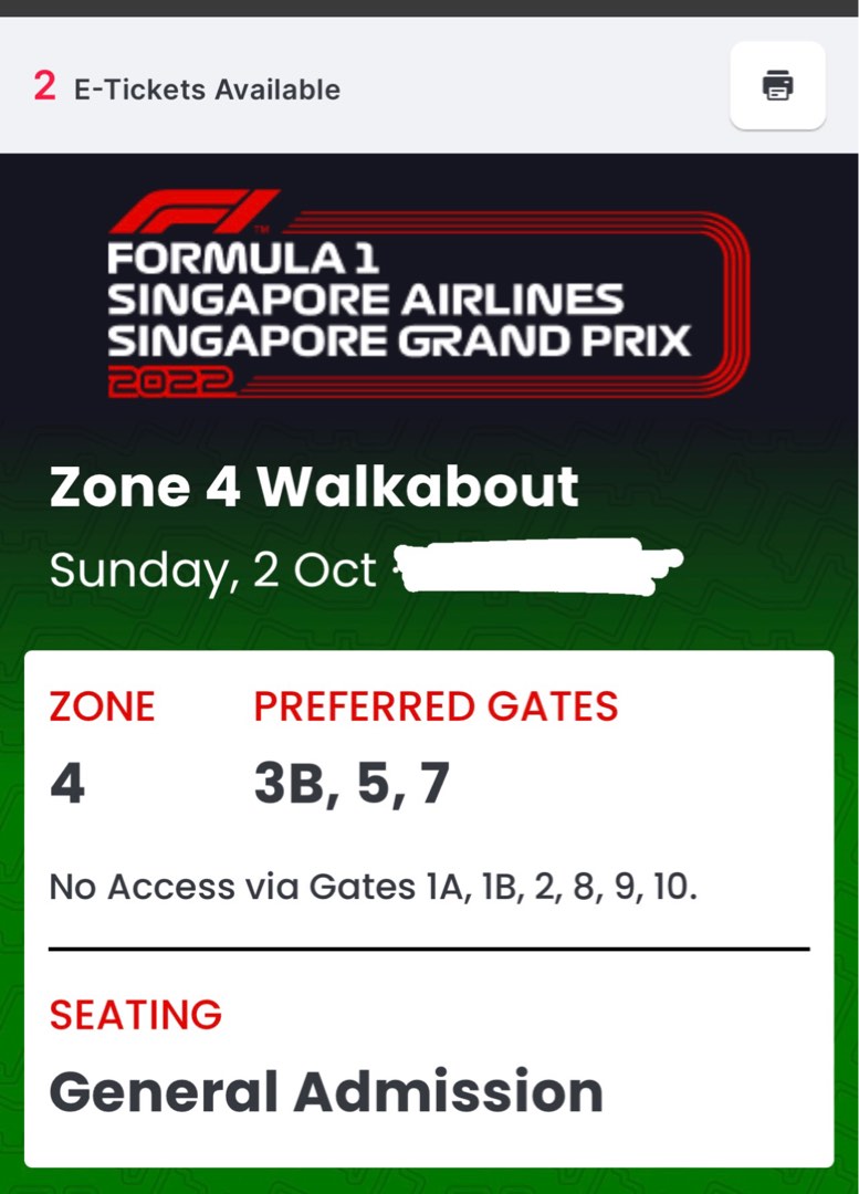 F1 SINGAPORE GRAND PRIX 2022 SUNDAY ZONE 4 WALKABOUT TICKETS X2