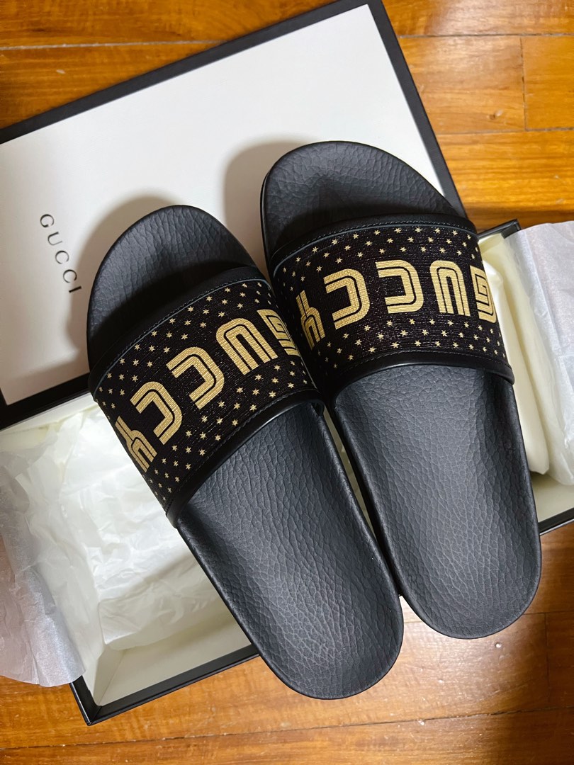 Gucci x Sega GUCCY Stars Slider Sandals- Black Gold, Luxury, Sneakers ...