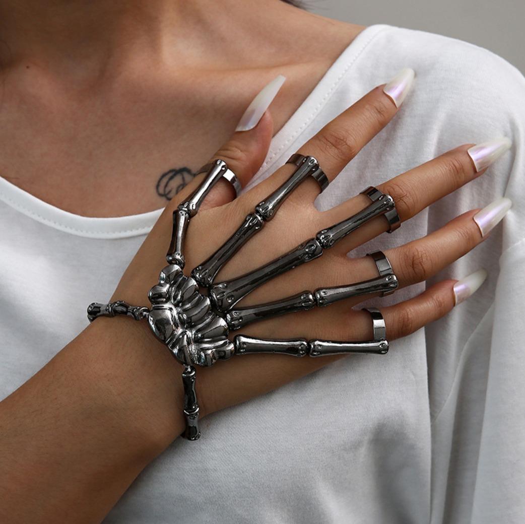 Halloween Skull Hand Bracelet with Ring Skeleton Hand Slave Bracelet Men Women Unisex Bracelet