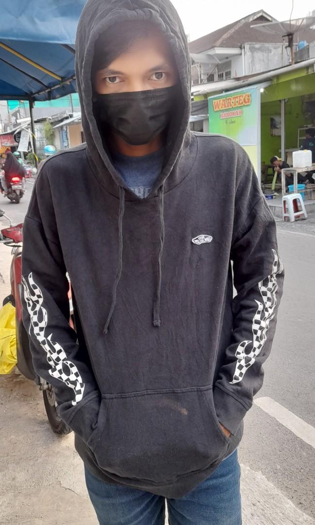 Hoodie Vans Chekered Flame Fesyen Pria Pakaian Baju Luaran di