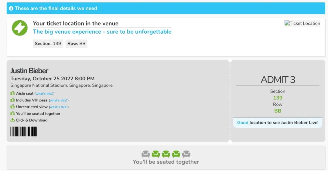 Justin Bieber World Tour SG x3 VIP Tickets, Tickets & Vouchers, Event