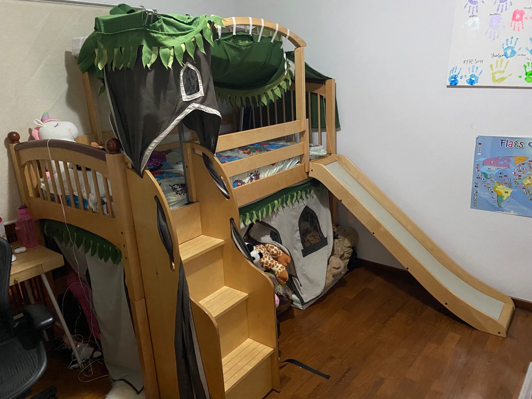 Kids Tree house Bunk Bed With Slide And Stairs Furniture Home Living 