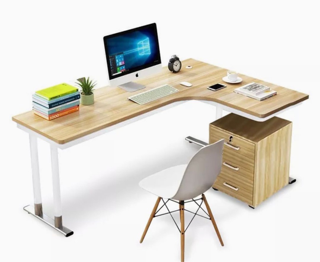 L shaped study table or desk with drawer cabinet and free chair ...