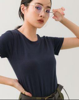 Meierq 合身彈性短袖上衣（深藍s）