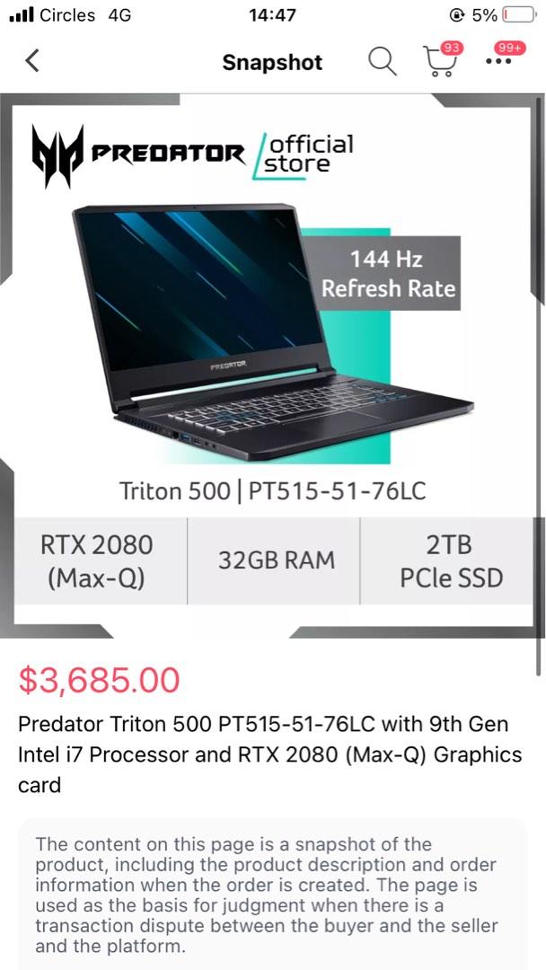 Predator Triton 500 PT515 51 76LC with 9th Gen i7 Processor and RTX 2080 Max Q Graphics Card 32GB RAM 2TB PCle SSD