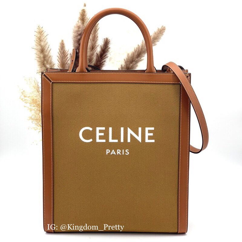 tas sling-bag Celine Natural Tan Medium Vertical Cabas Canvas Calfskin Sling  Bag
