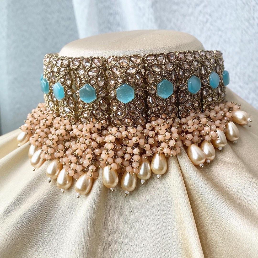 Royal Bridal Choker in Blue and Peach Women s Fashion Jewelry