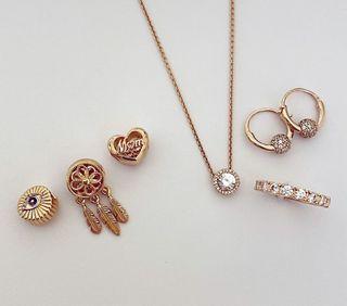 SALE🌟 AUTH PANDORA ROSEGOLD CHARMS 960 EACH. TAKE 3 CHARMS 2600 ONLY -- ROUND HALO NECKLACE 1699 -- ETERNITY ROW RING 960 -- PAVE HOOP EARRINGS 1600