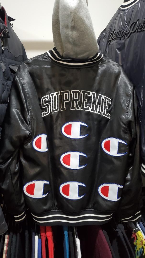 Supreme Champion Hooded Satin Varsity Jacket Black Men s Fashion Clothes on Carousell