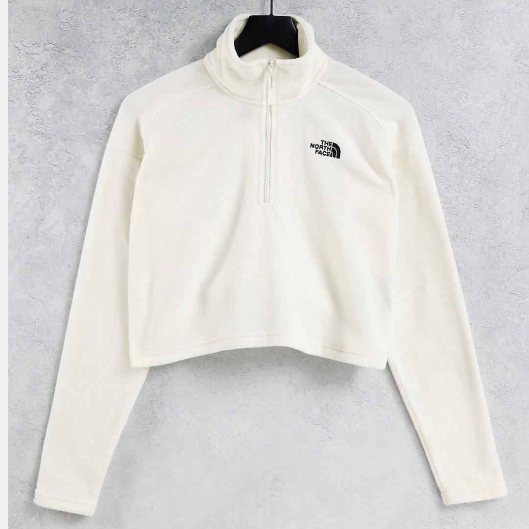 the north face top cropped long sleeve shirt tee logo fleece white
