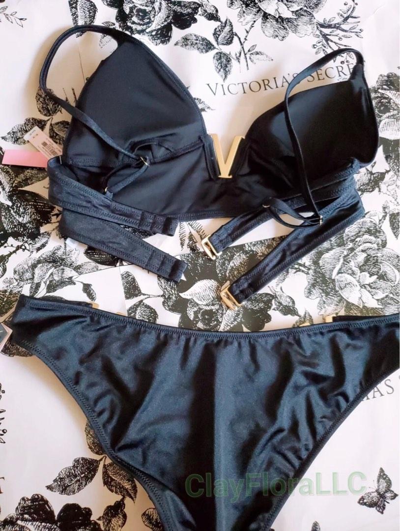 Victoria’s Secret VHardware Bralette Bikini Set Rhinestones Black Gold Swim, Women's Fashion