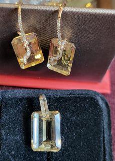 Citrine pendant and yellow Topaz earrings with diamonds in 14K gold