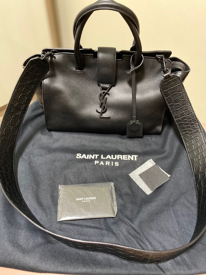 Authentic Yves Saint Laurent YSL Grey Downtown Baby Cabas in Smooth and  Crocodile Embossed Leather Bag