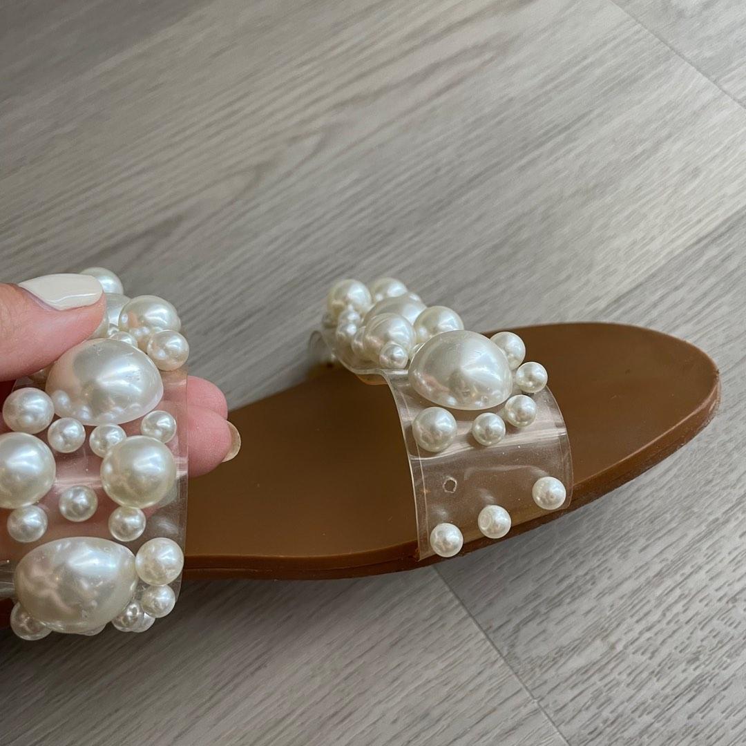 Zara embellished pearls sandals slippers Women s Fashion
