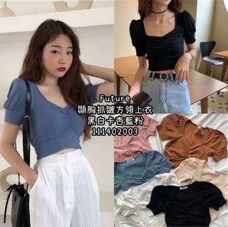 顯胸抓皺方領上衣 粉/杏/黑/白