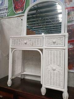 ❤️ Fundraising Charity: Unique Pure White Vanity Dresser with Solid Wood & Rattan attached with a Rotatable Mirror 360 Degree