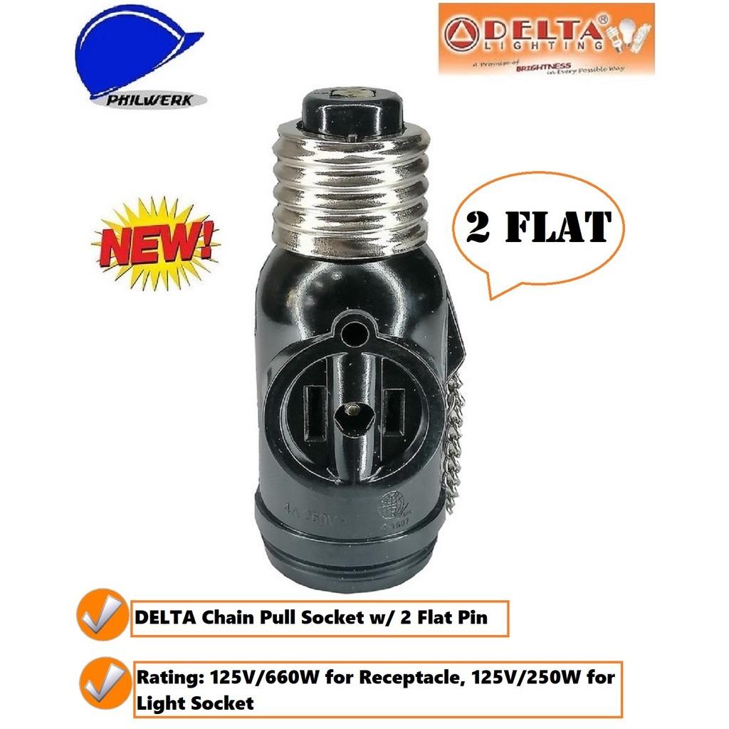 DELTA Pull Chain Socket w/ 2 Flat Pin SCPF2711 (Category: Construction Tools & Equipment) located in Guiguinto. Submitted by Patriciajoydelacruz00 (Listing ID 1187323684, Image 1). Description: DELTA Chain Pull Socket w/ 2 Flat Pin SCPF2711 Perfect for workshops and garages Standard Screw Light Holder with Two Outlets Rating: 125V/660W for Receptacle, 125V/250W for Light Socket Dimensions: 1.5"W x 3.3"H x 1.5"D .