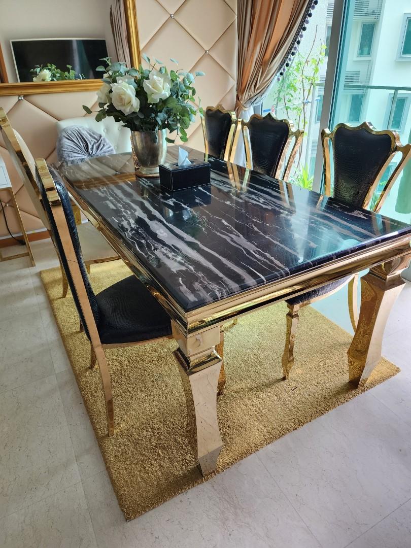 Elegant black marble dining table set w 4 chairs, Furniture & Home