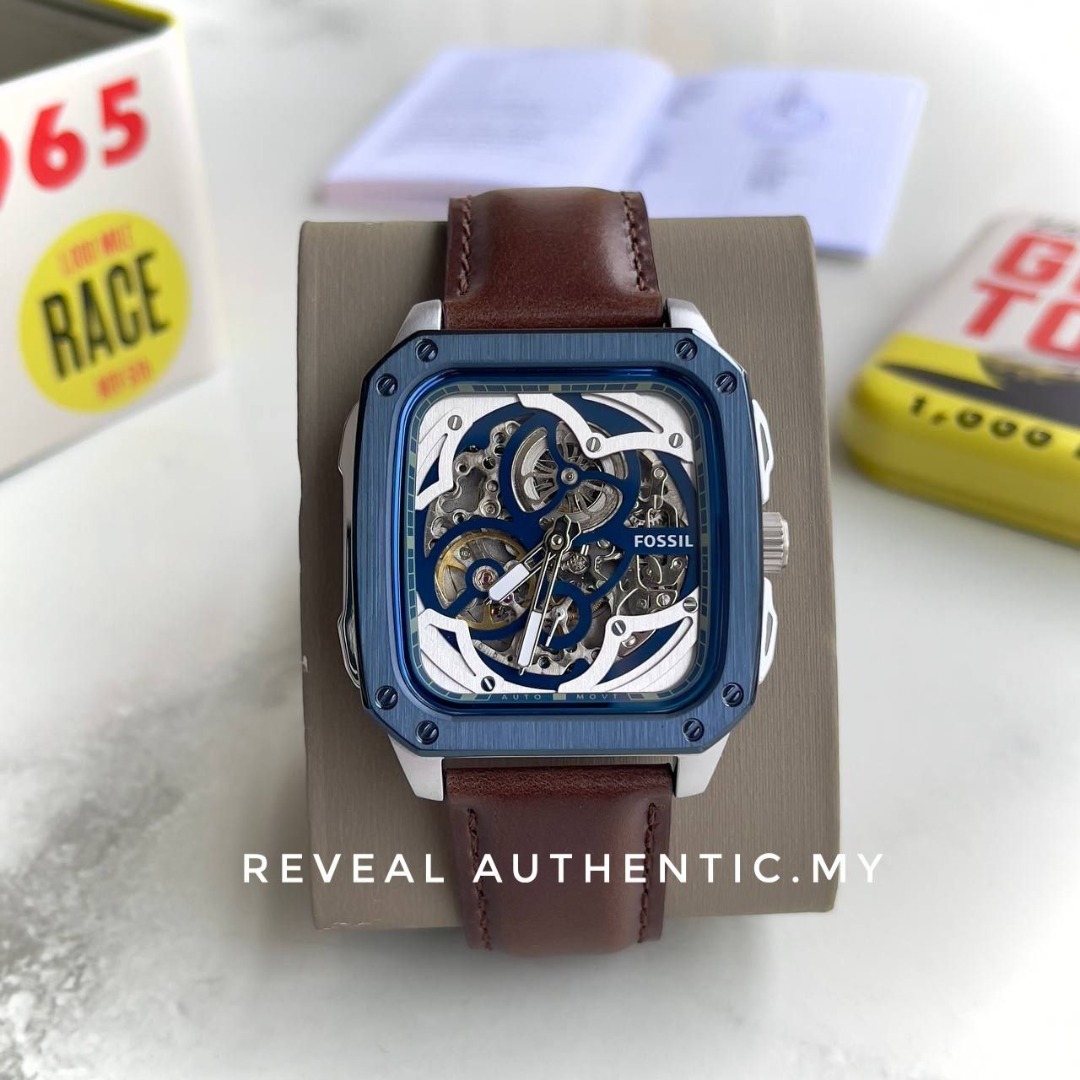 Fossil Inscription Automatic Skeleton Blue Dial Brown Leather Strap Watch for Men - BQ2571