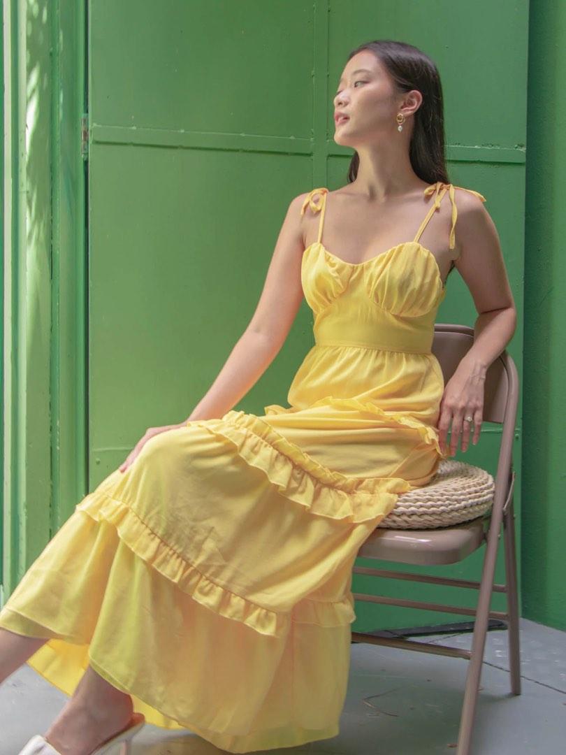 claudette ruched frill maxi dress From, Dear Me. CLAUDETTE RUCHED MAXI DRESS IN YELLOW, Women's Fashion,  Dresses & Sets, Dresses on Carousell