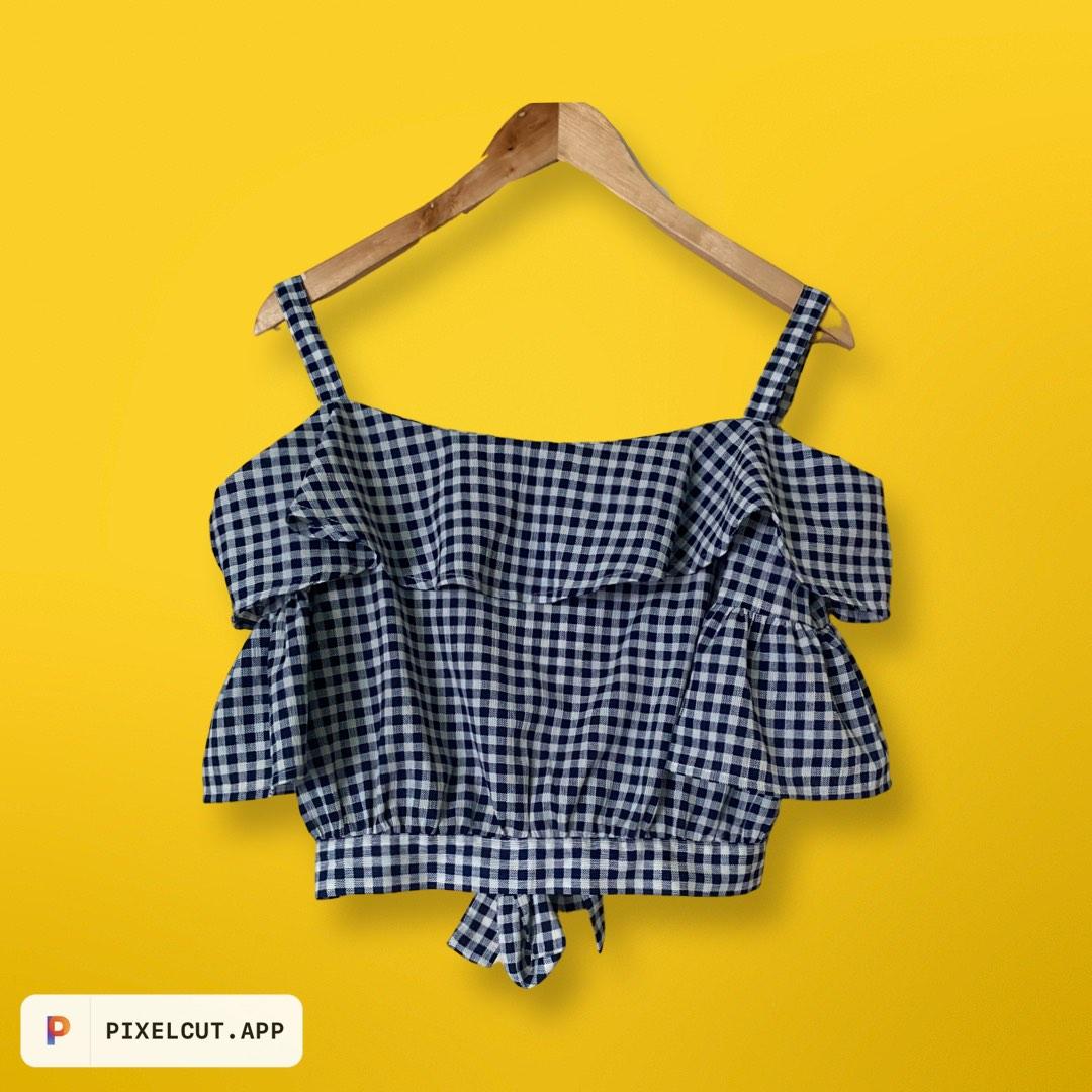 Gingham Cute Top in Navy and Cream, Women's Fashion, Tops, Blouses on