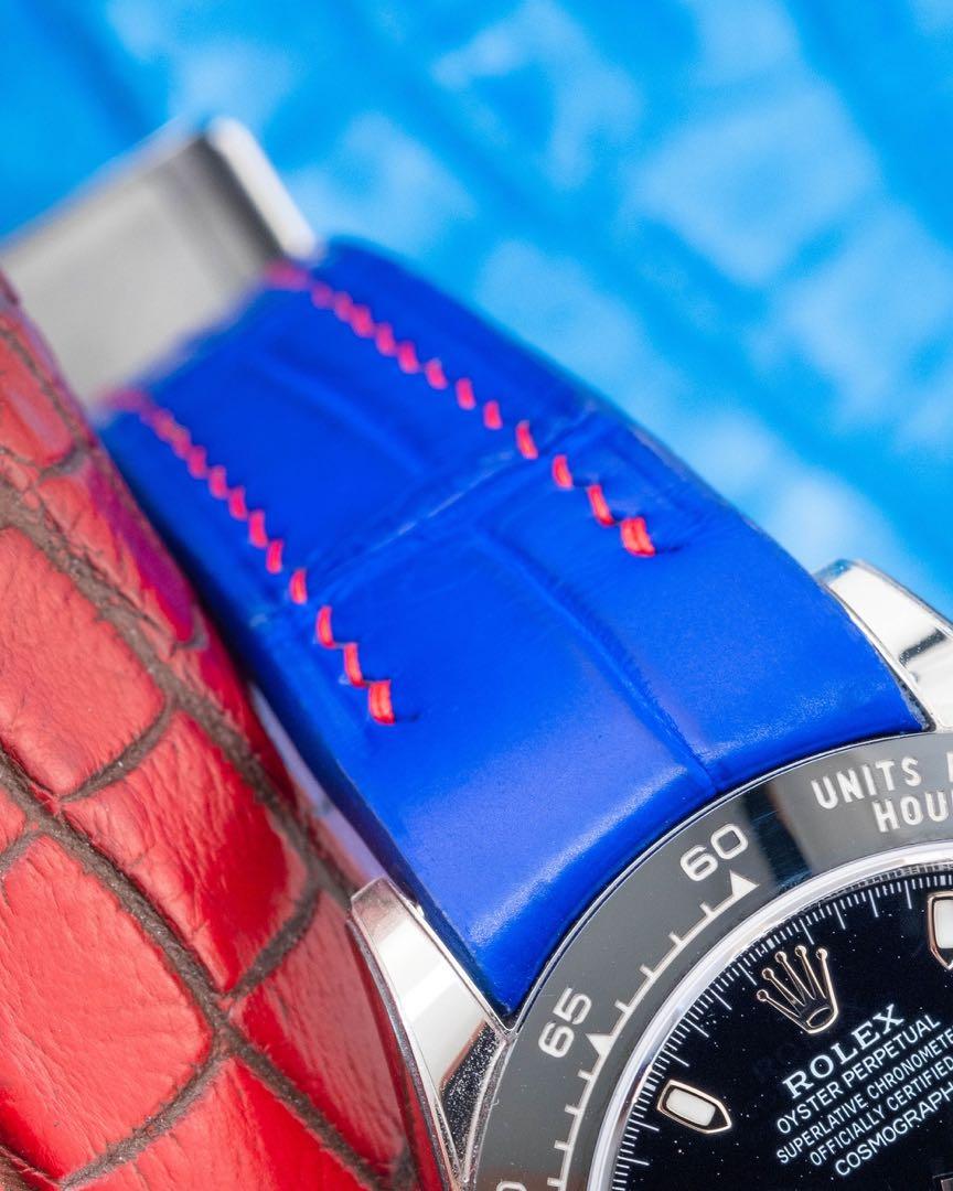 Handmade Handstitched Watch Strap In Electric Blue Crocodile