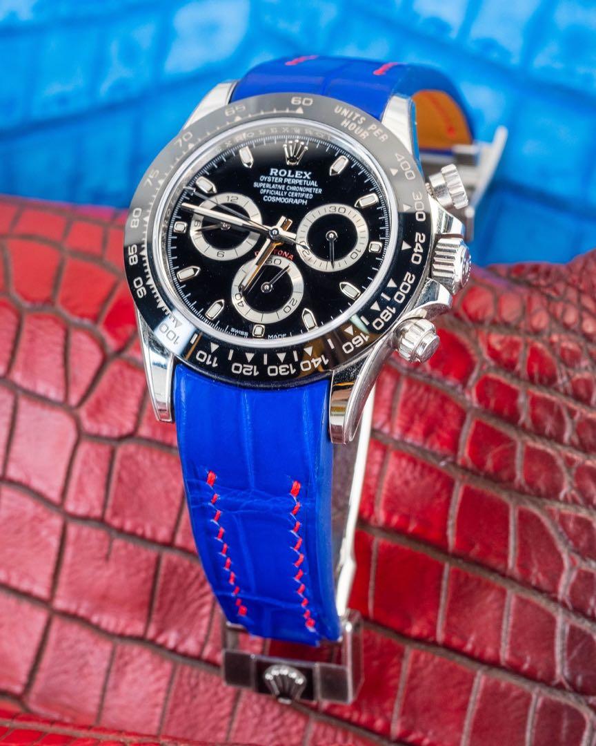 Handmade Handstitched Watch Strap In Electric Blue Crocodile