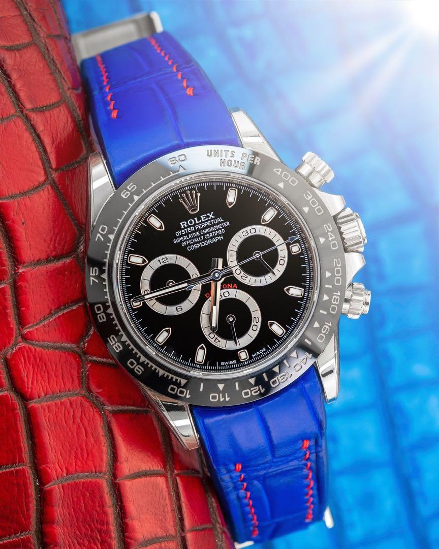 Handmade Handstitched Watch Strap In Electric Blue Crocodile