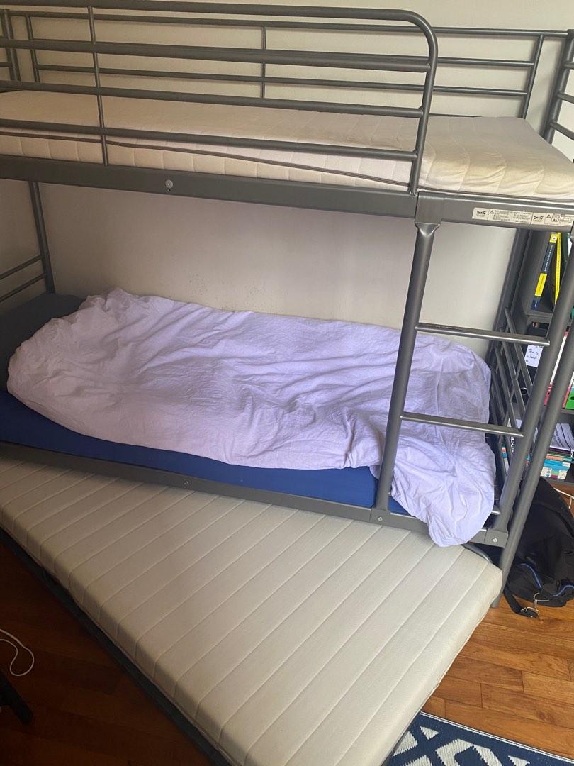 Ikea bunk bed with rollaway under bed mattress, Furniture & Home Living