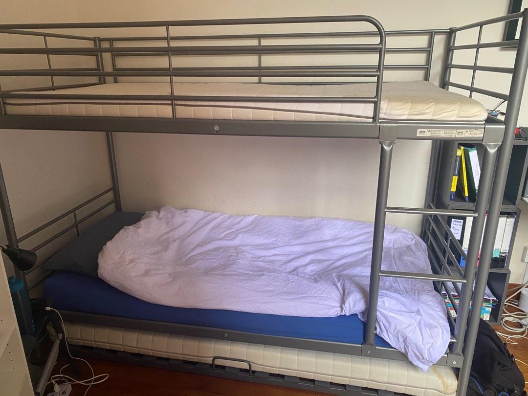 Ikea bunk bed with rollaway under bed mattress, Furniture & Home Living
